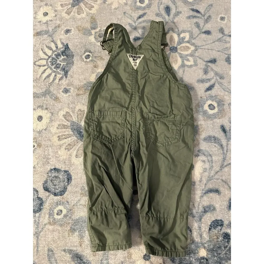 OshKosh B'gosh Green Canvas Cotton Bib Overalls One-Piece 6-9M Pockets